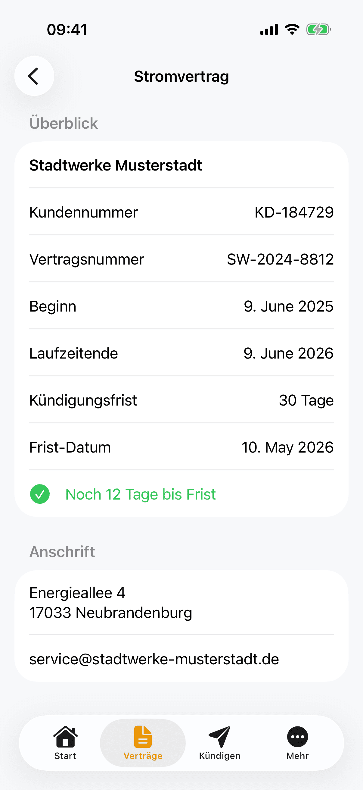 Kündigungsmanager – Vertragsdetails