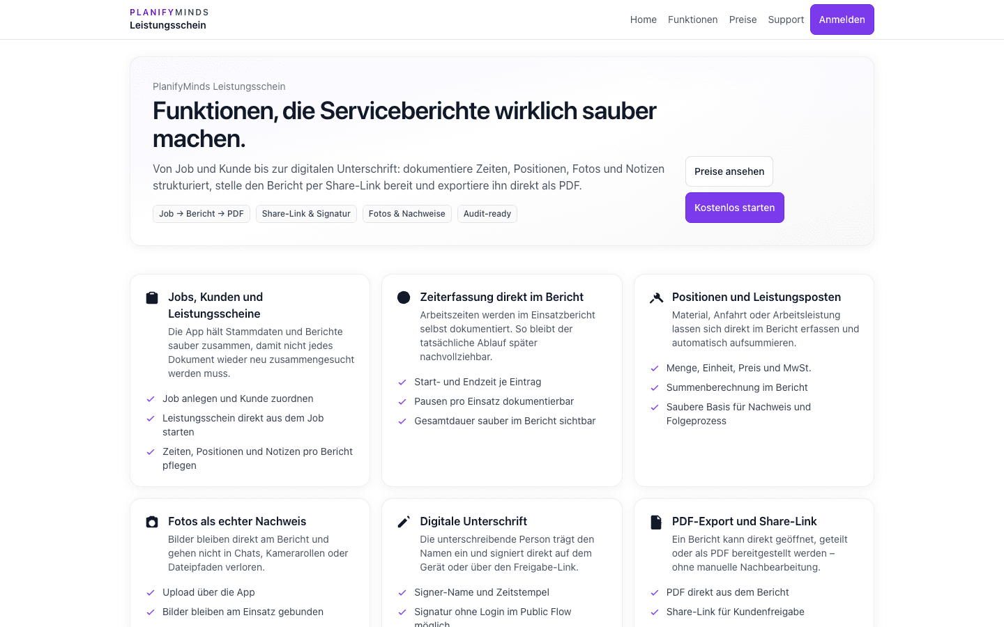 PlanifyMinds Leistungsschein – Funktionen