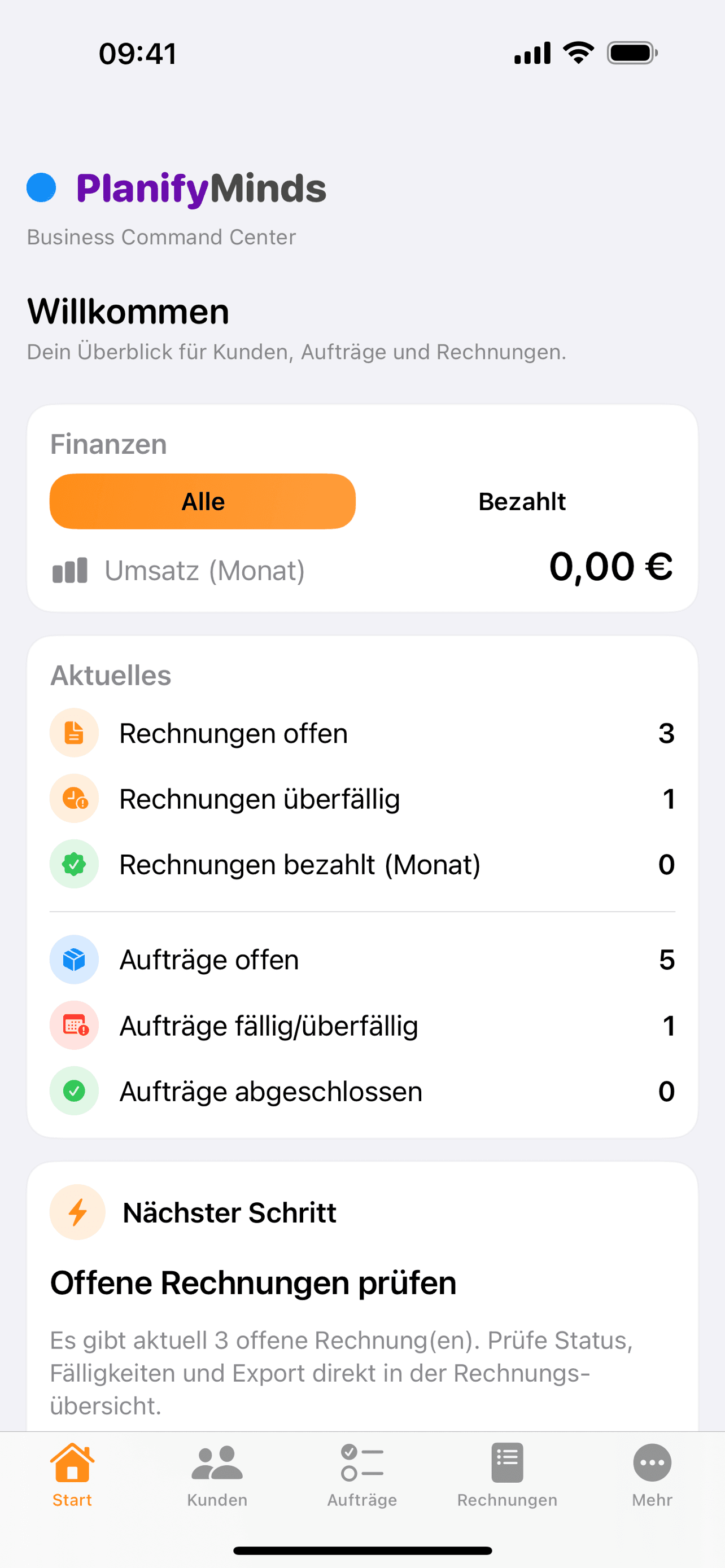 PlanifyMinds B2B – Dashboard auf dem iPhone