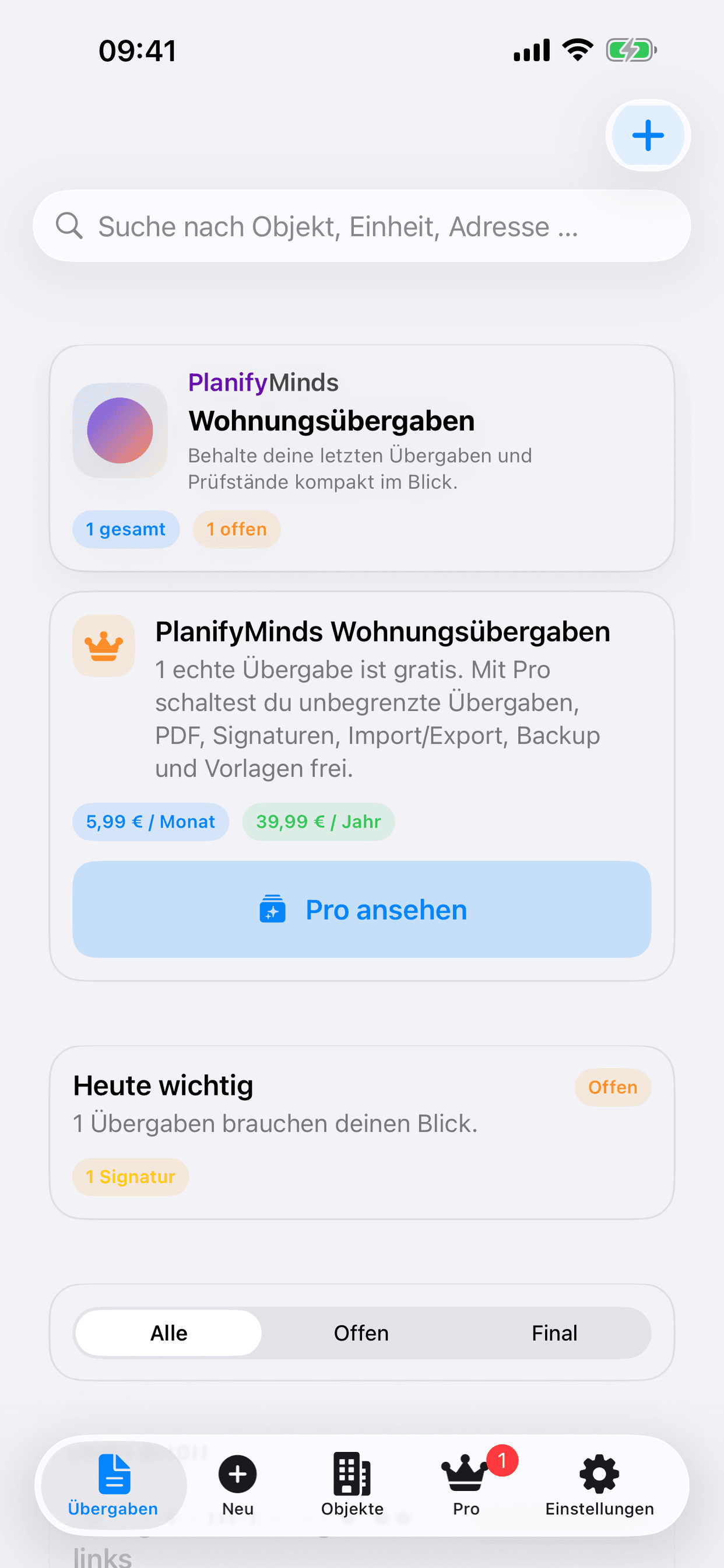 PlanifyMinds Wohnungsübergaben – Dashboard
