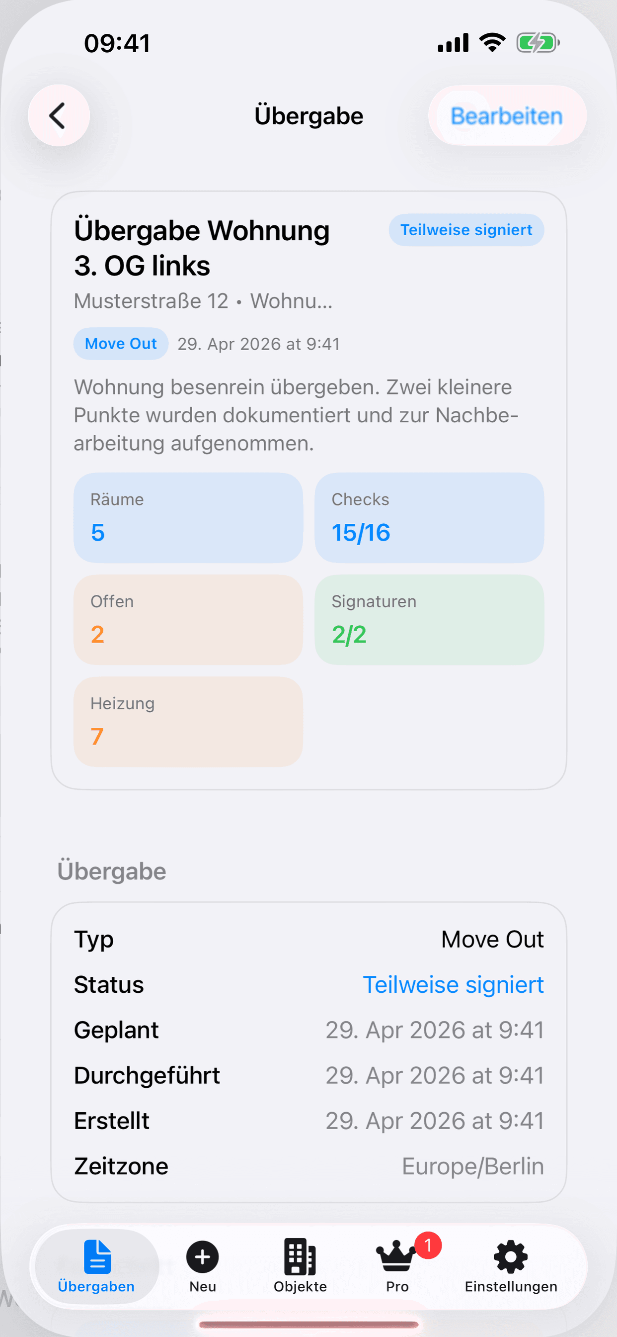 PlanifyMinds Wohnungsübergaben – Übergabedetail