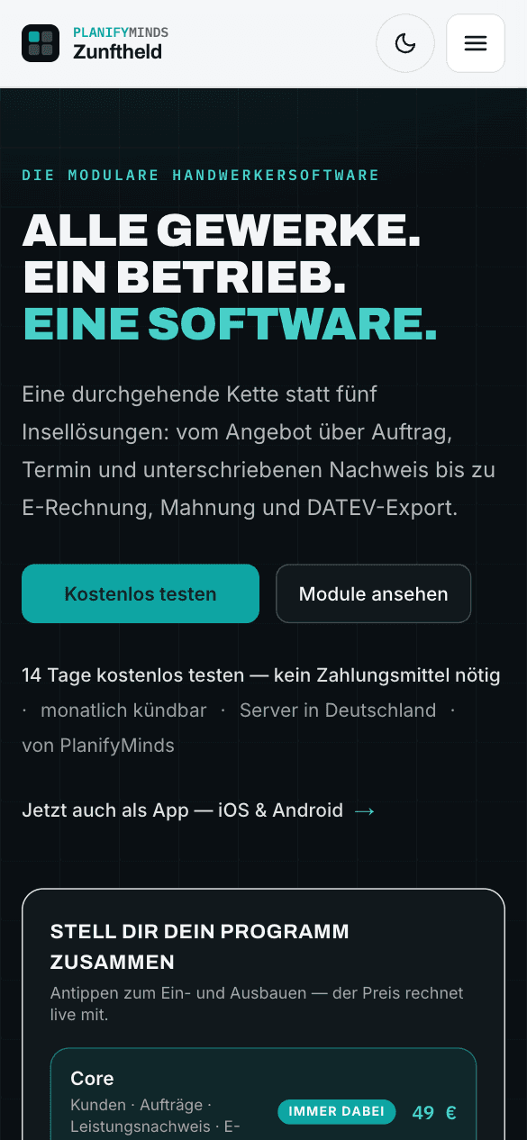 Zunftheld – mobile Ansicht