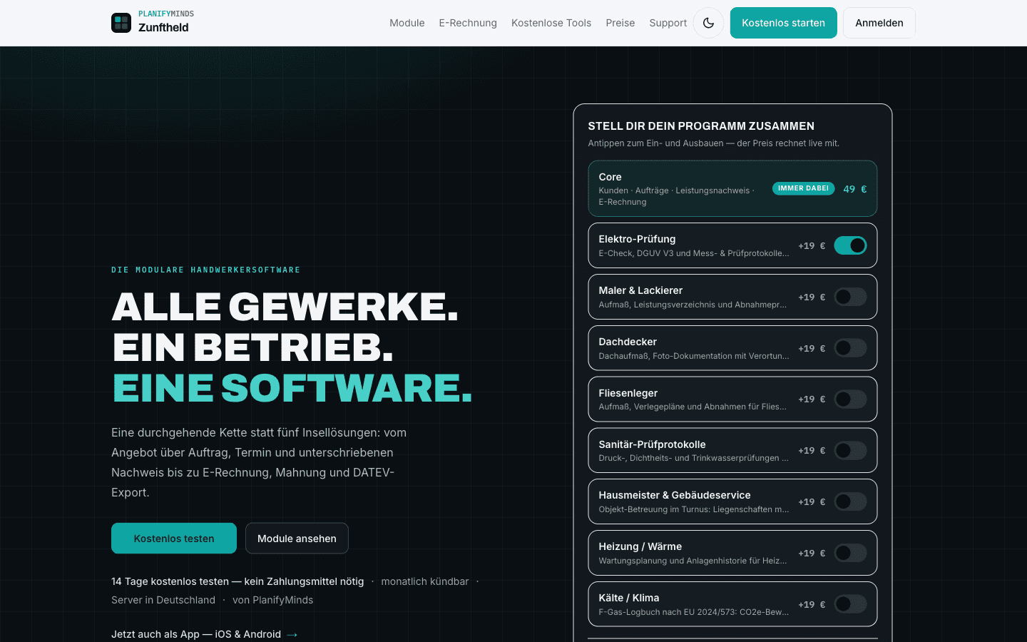 Zunftheld: Landing mit Modul-Konfigurator