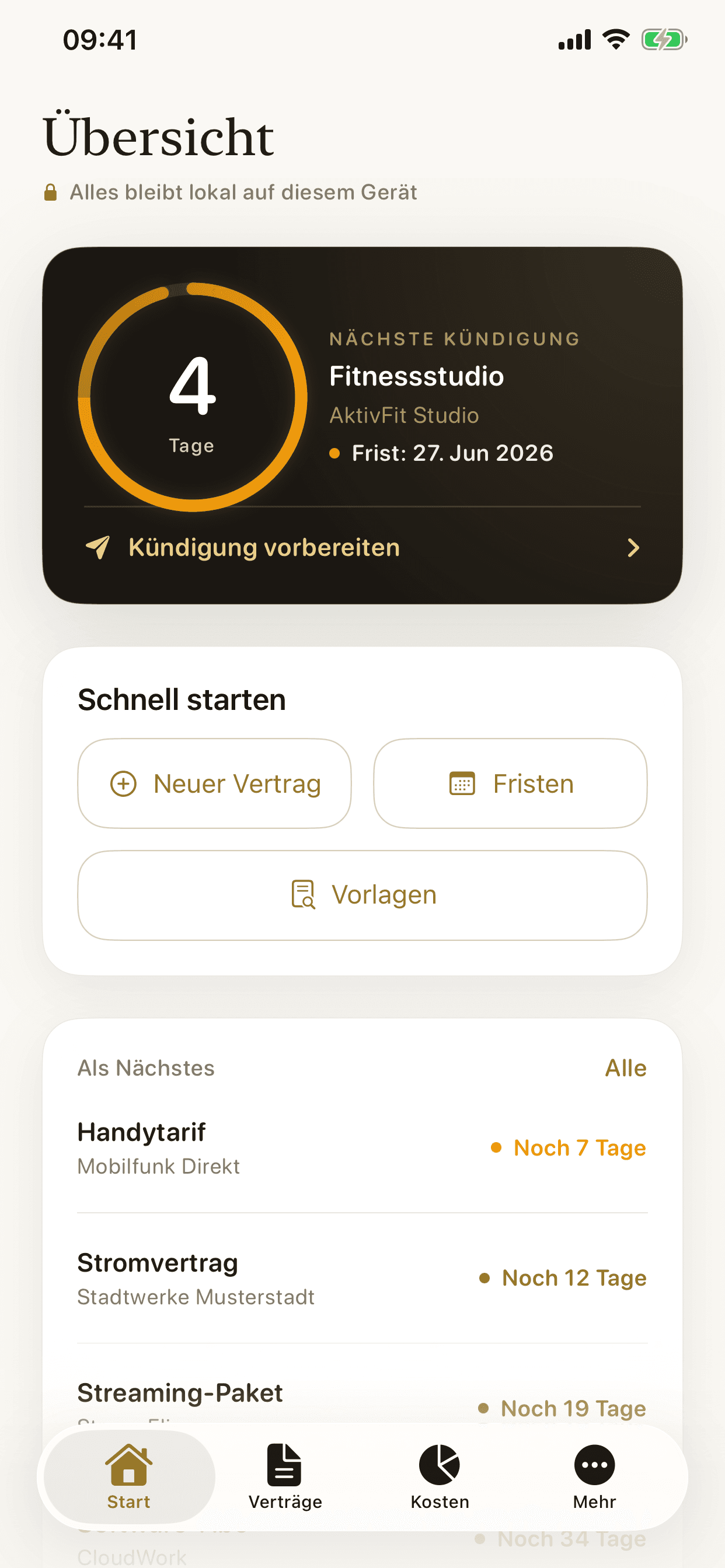 Kündigungsmanager – Start-Cockpit mit Countdown zur nächsten Kündigungsfrist