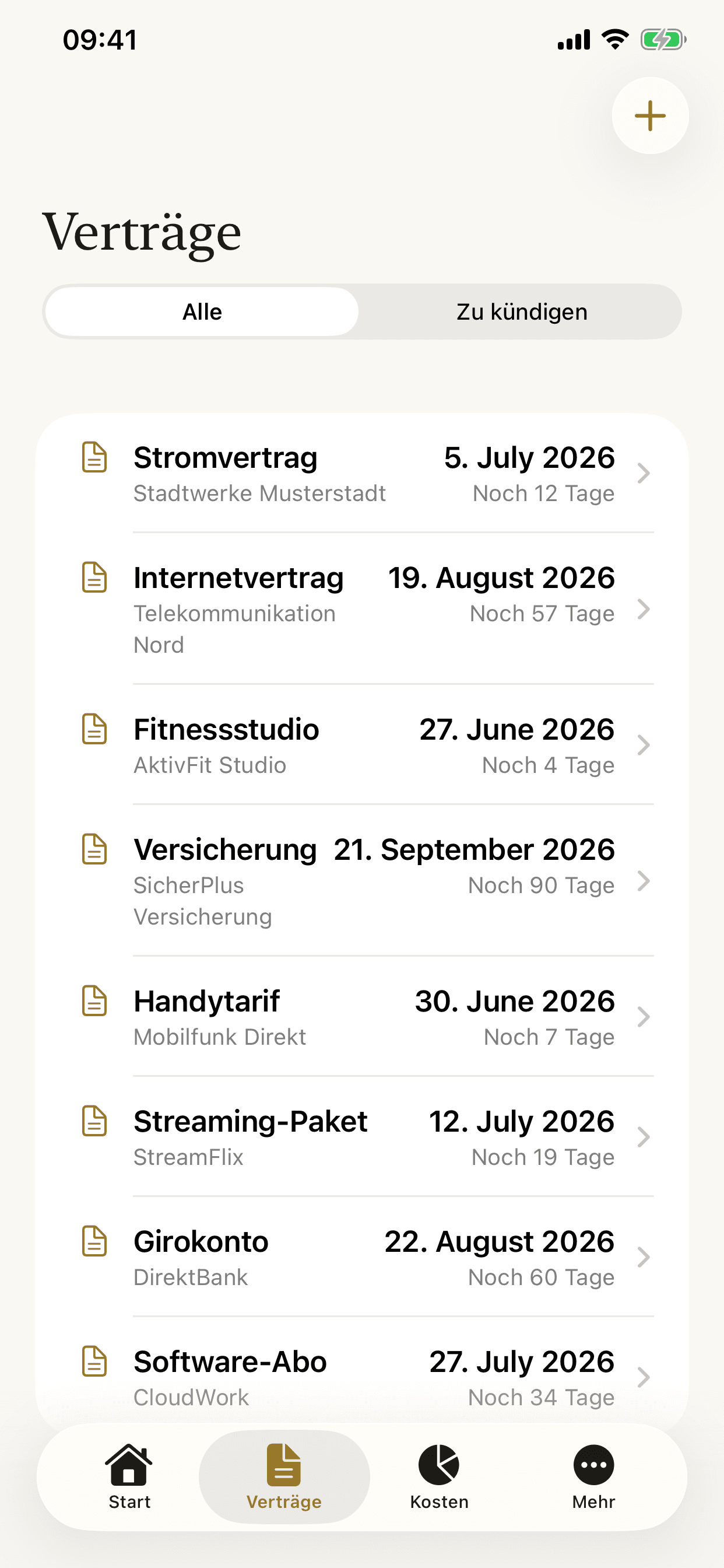 Kündigungsmanager – Verträge mit Restlaufzeit und Filter „Zu kündigen“