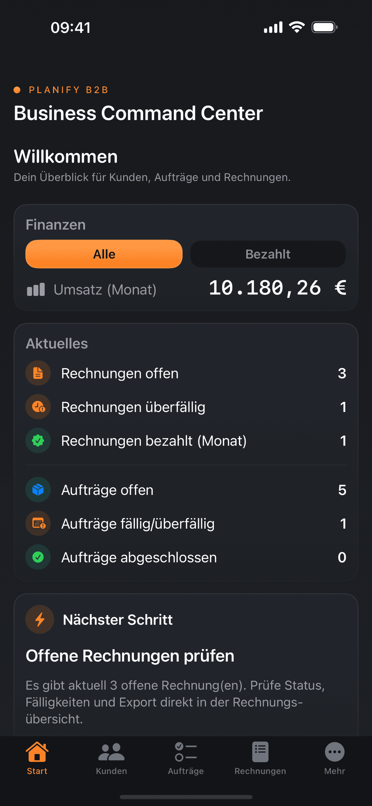PlanifyMinds B2B – Dashboard auf dem iPhone